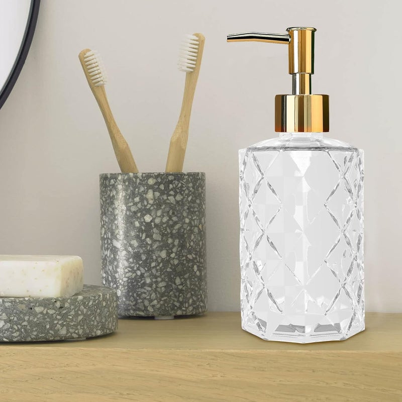 Ulable Clear Glass Soap Dispenser with Gold Plastic Pump, 2 Pack 12oz Diamond Hand Soap Dispenser, Refillable Lotion Dispenser & Dish Bathroom Dispenser for Liquid, Shower Gel - Image 4